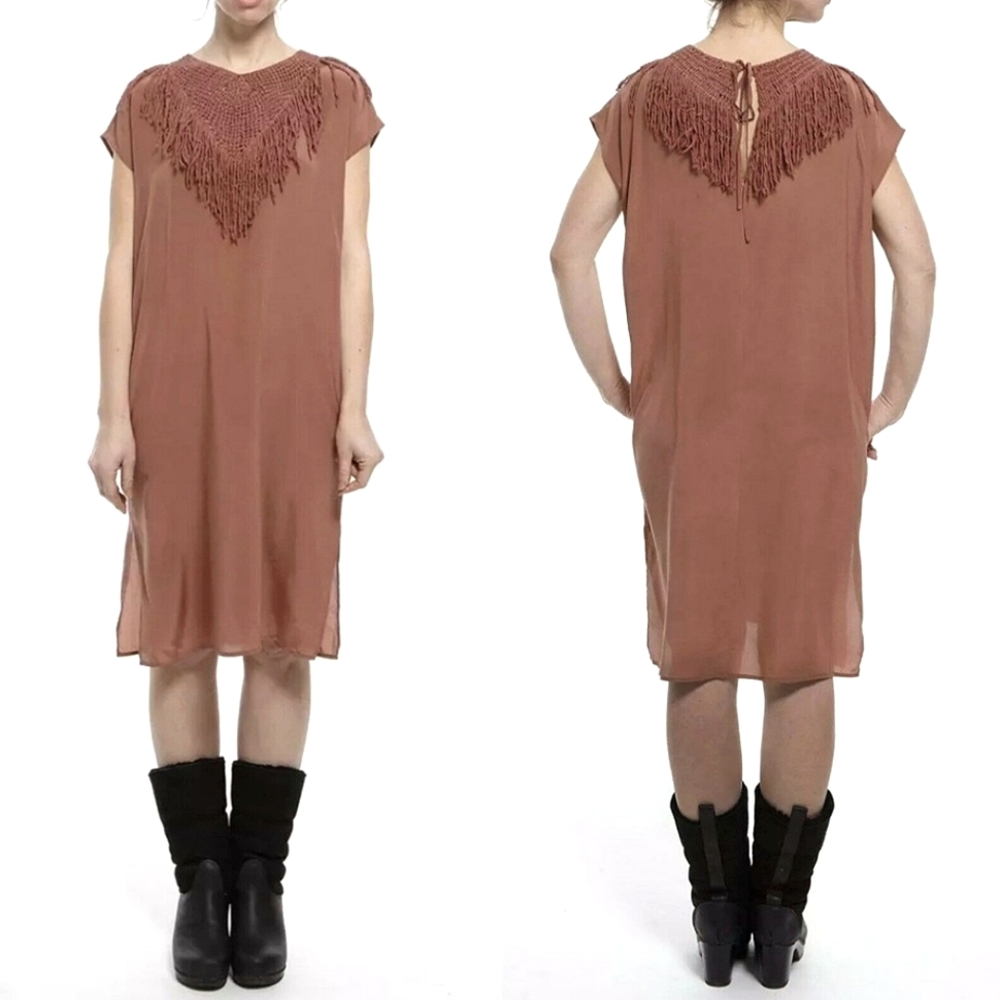 Ulla Johnson Liu Silk Dress - Mauve Crochet Macrame Fringe Summer Coachella